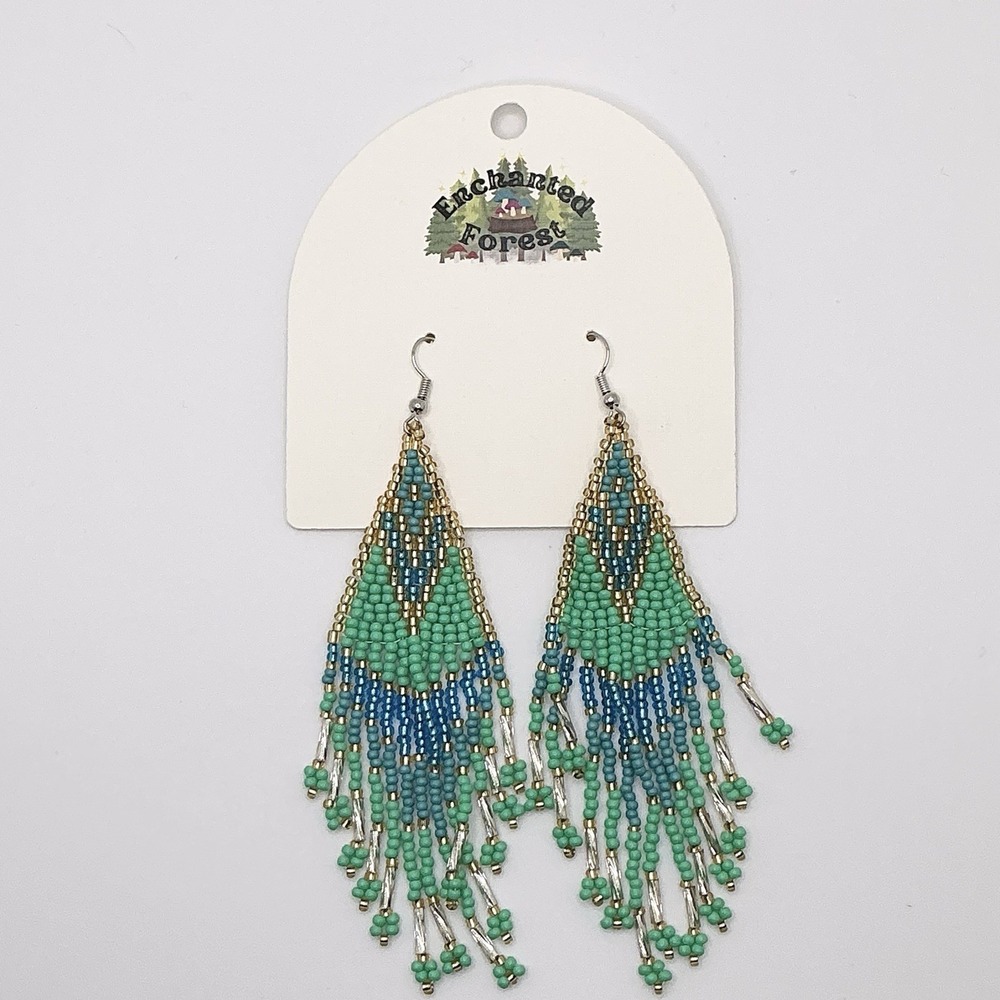 Handmade Seed Bead Fringe Earrings - Long Tassel Beaded Teal Gold Gradient Boho